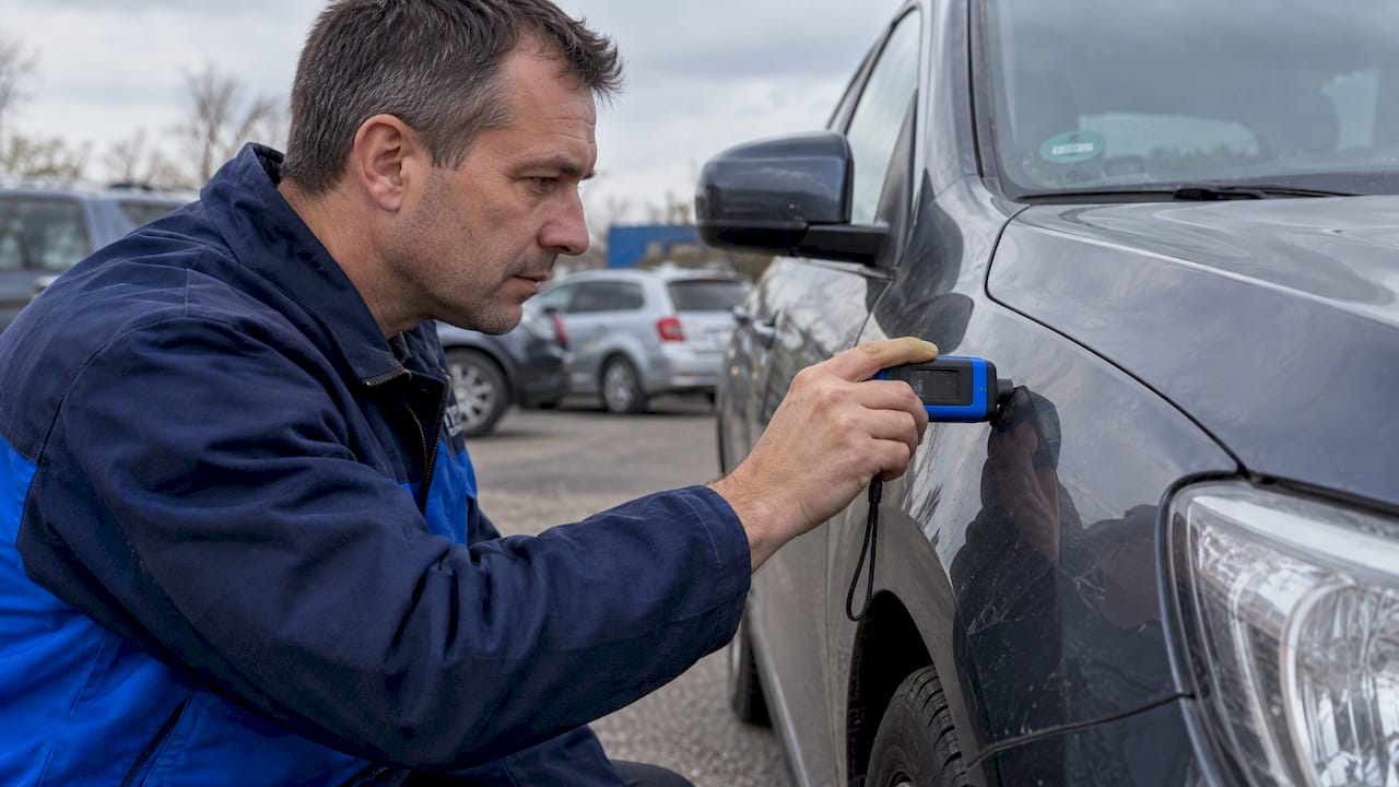 A szakértő rétegvastagságot mér az autó sárvédőjén
